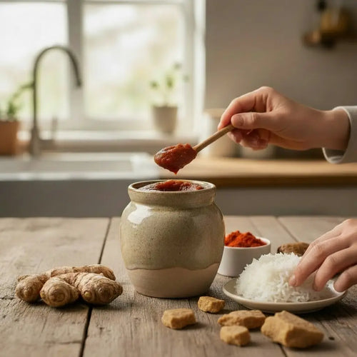 Person scooping allam pickle from a ceramic jar on a wooden table with ginger and rice.