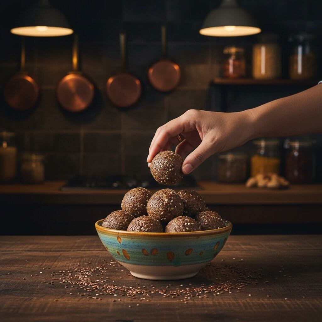 Hand placing a laddu into a bowl on a wooden table with kitchen background