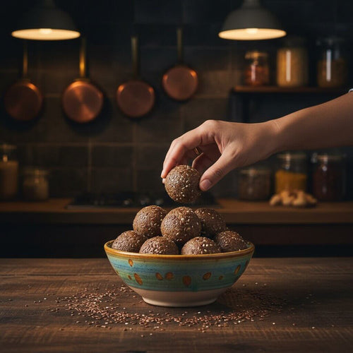 Hand placing a laddu into a bowl on a wooden table with kitchen background