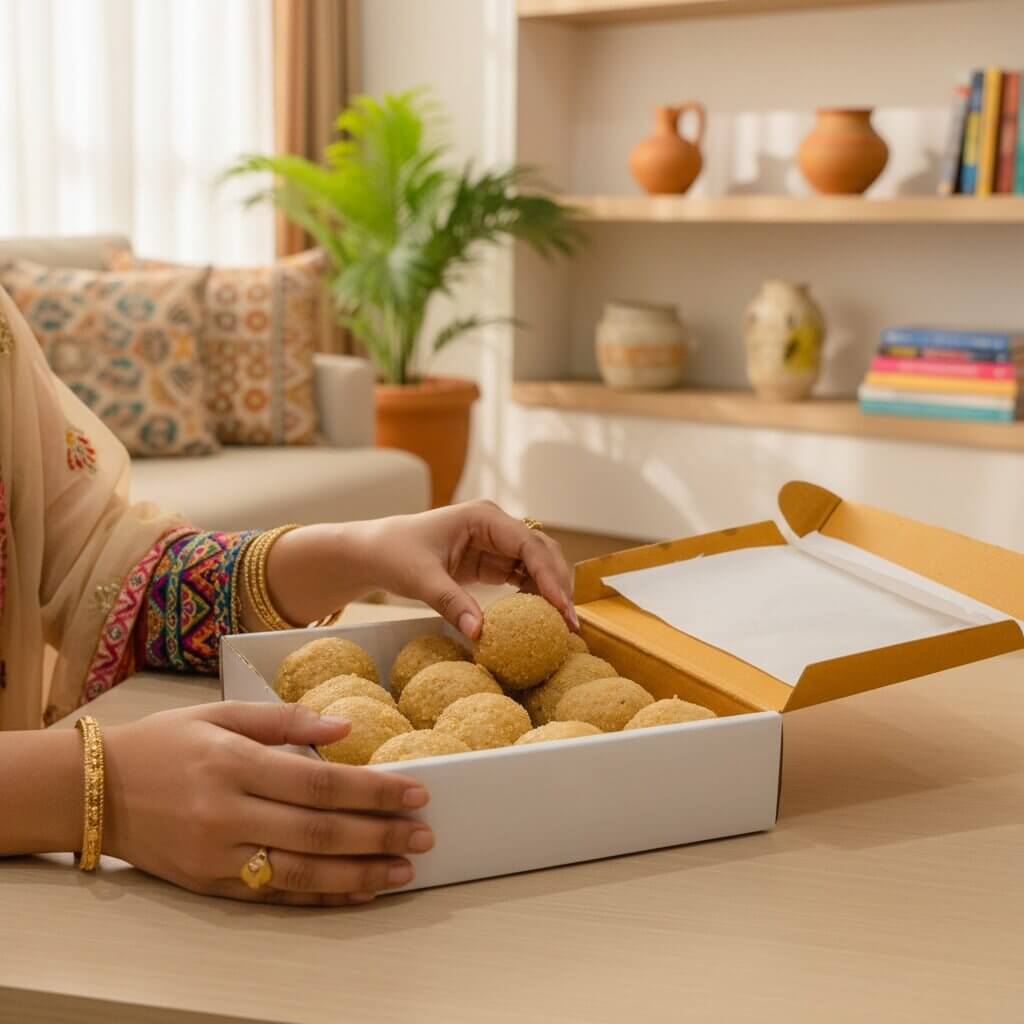 Person in a traditional outfit reaching into a box of laddus in a home setting