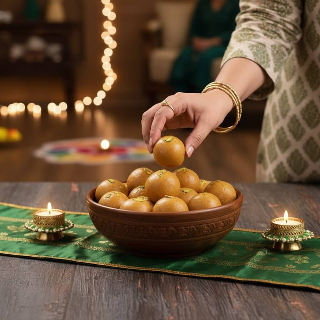 Woman handpicking a besan laddu from a bowl set against a festive decoration