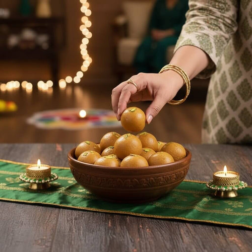 Woman handpicking a besan laddu from a bowl set against a festive decoration