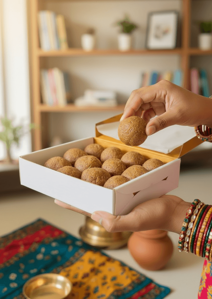 Person holding a box of biotin laddus in a home setting with a bookshelf in the background.