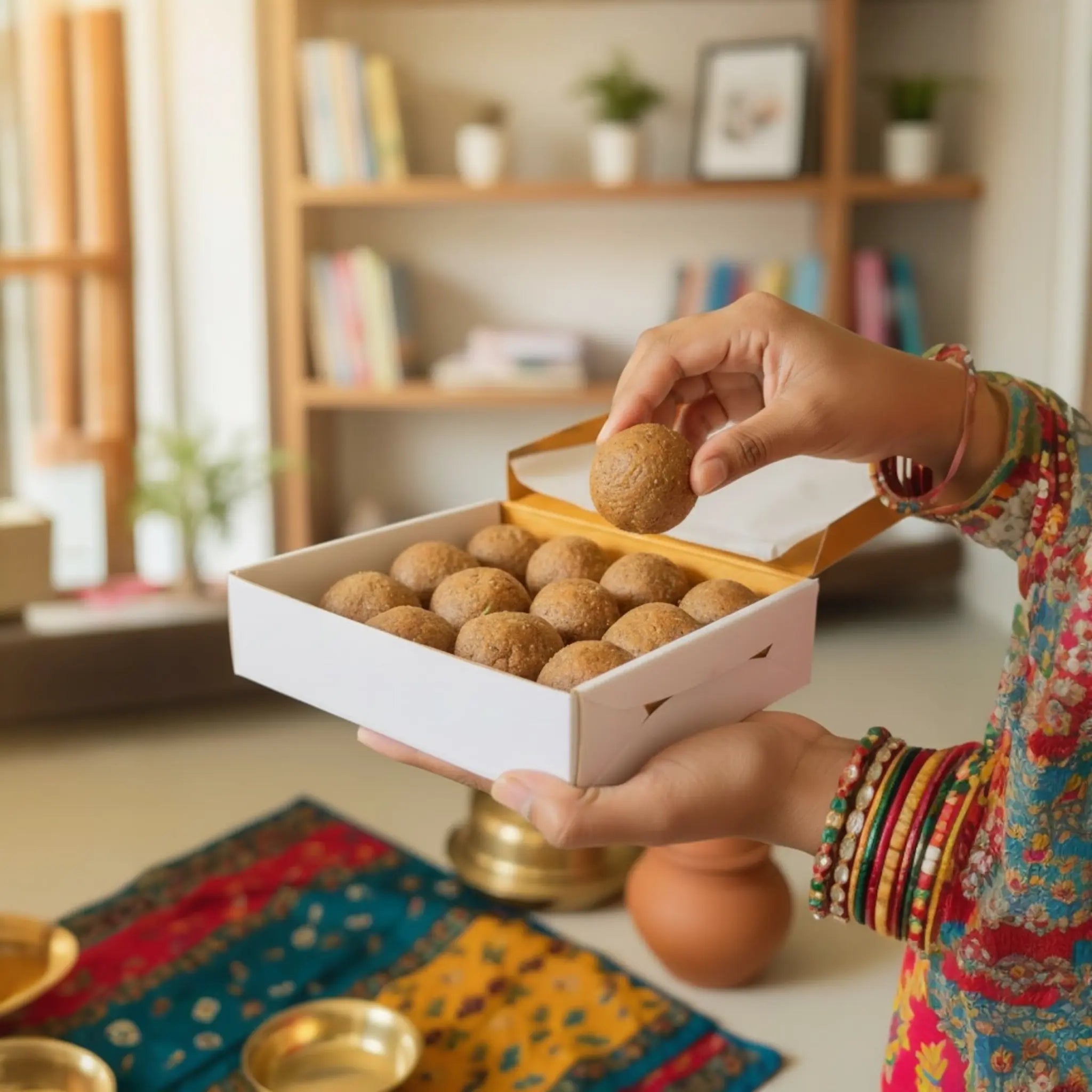 Person holding a box of round brown laddus in a home setting