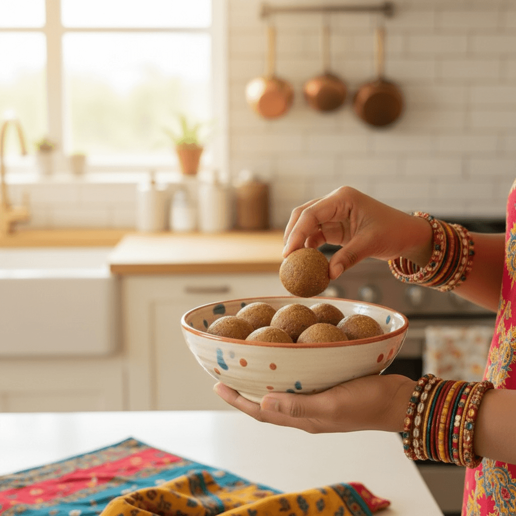 Person holding a bowl of laddus in a kitchen
