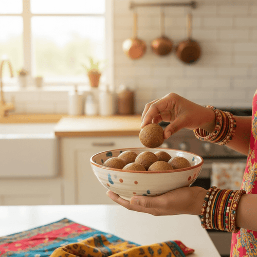 Person holding a bowl of laddus in a kitchen