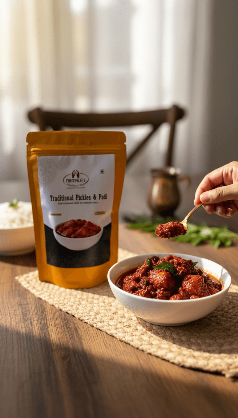 Packaged traditional pickle with a bowl of pickle on a wooden table