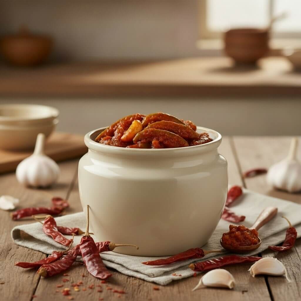 White ceramic jar filled with budamkaya nilava pachadi on a wooden surface with garlic and chilies.