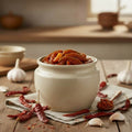 White ceramic jar filled with budamkaya nilava pachadi on a wooden surface with garlic and chilies.