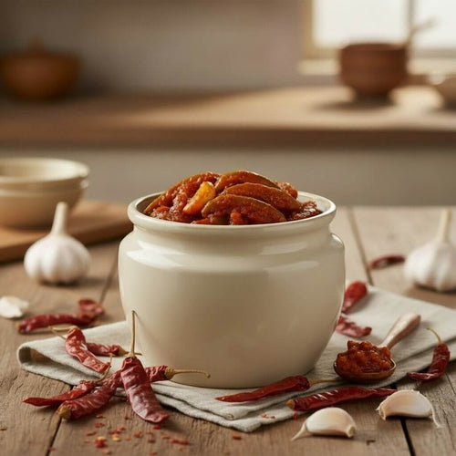White ceramic jar filled with budamkaya nilava pachadi on a wooden surface with garlic and chilies.