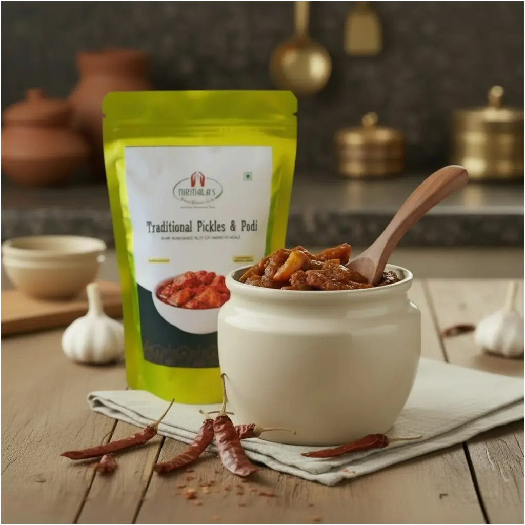 Budamkaya pickle in a bowl next to the packaging
