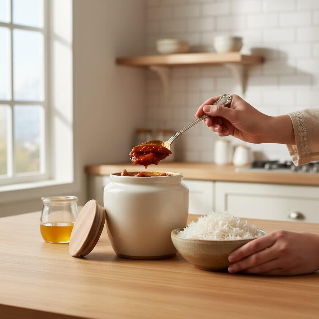 Person scooping food from a jar with a spoon in a kitchen setting