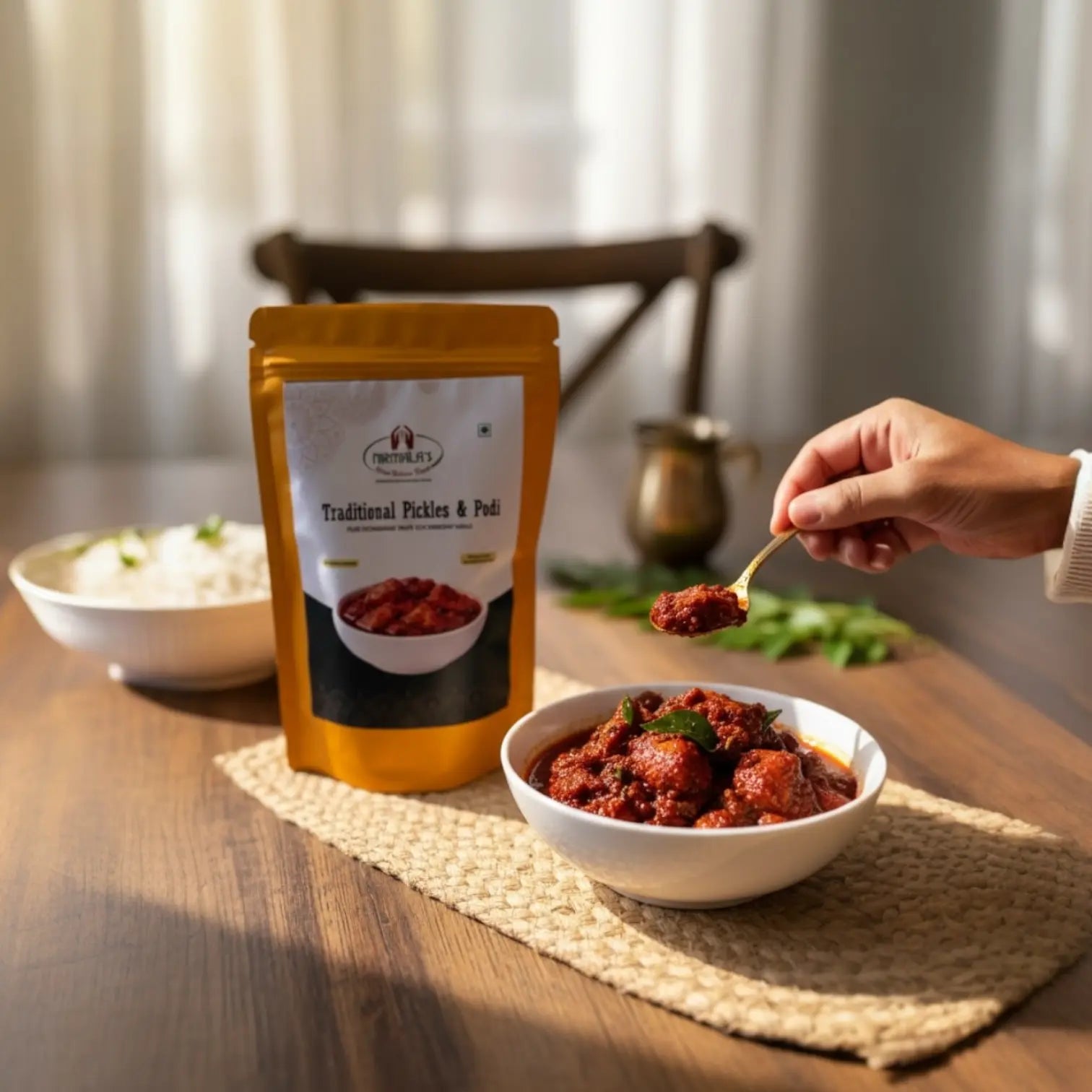Traditional pickle being scooped from a bowl with a package labeled 'Traditional Pickles & Podi' on a wooden table.