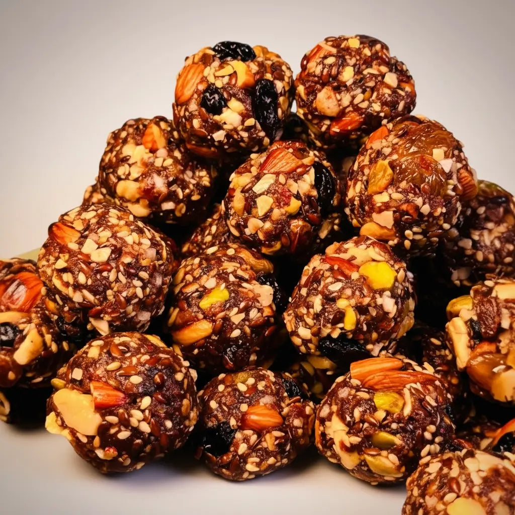 Close up of dry fruit laddus with nuts and seeds on a light background