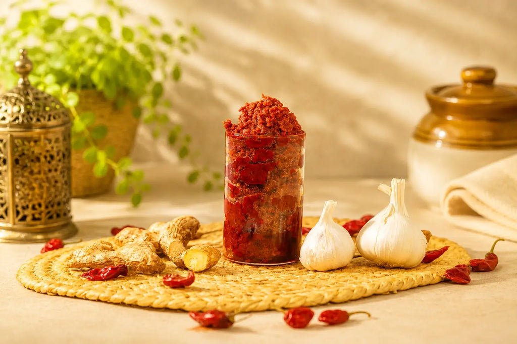 Jar of allam pachadi with garlic cloves and ginger on a woven mat with a blurred background