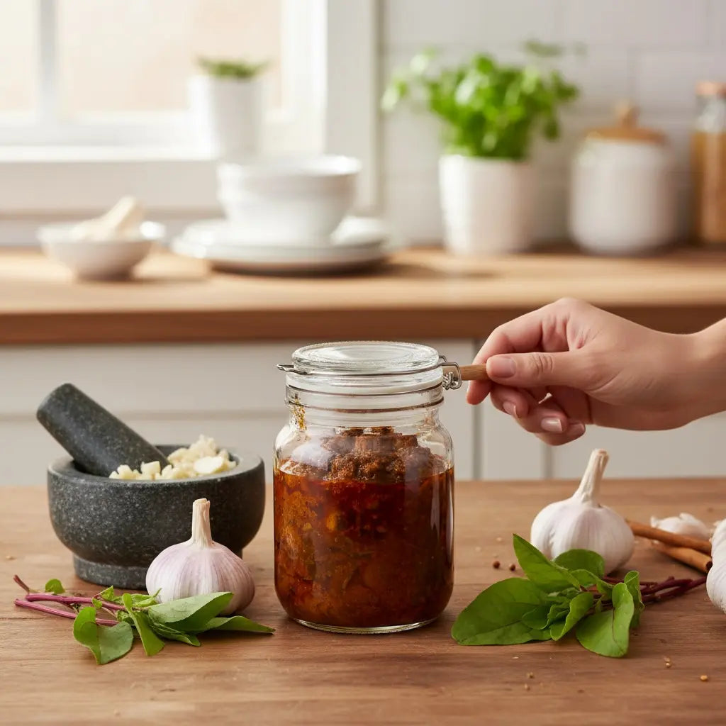 Hand opening a jar of gongura chicken pickle on a wooden table with kitchen items in the background
