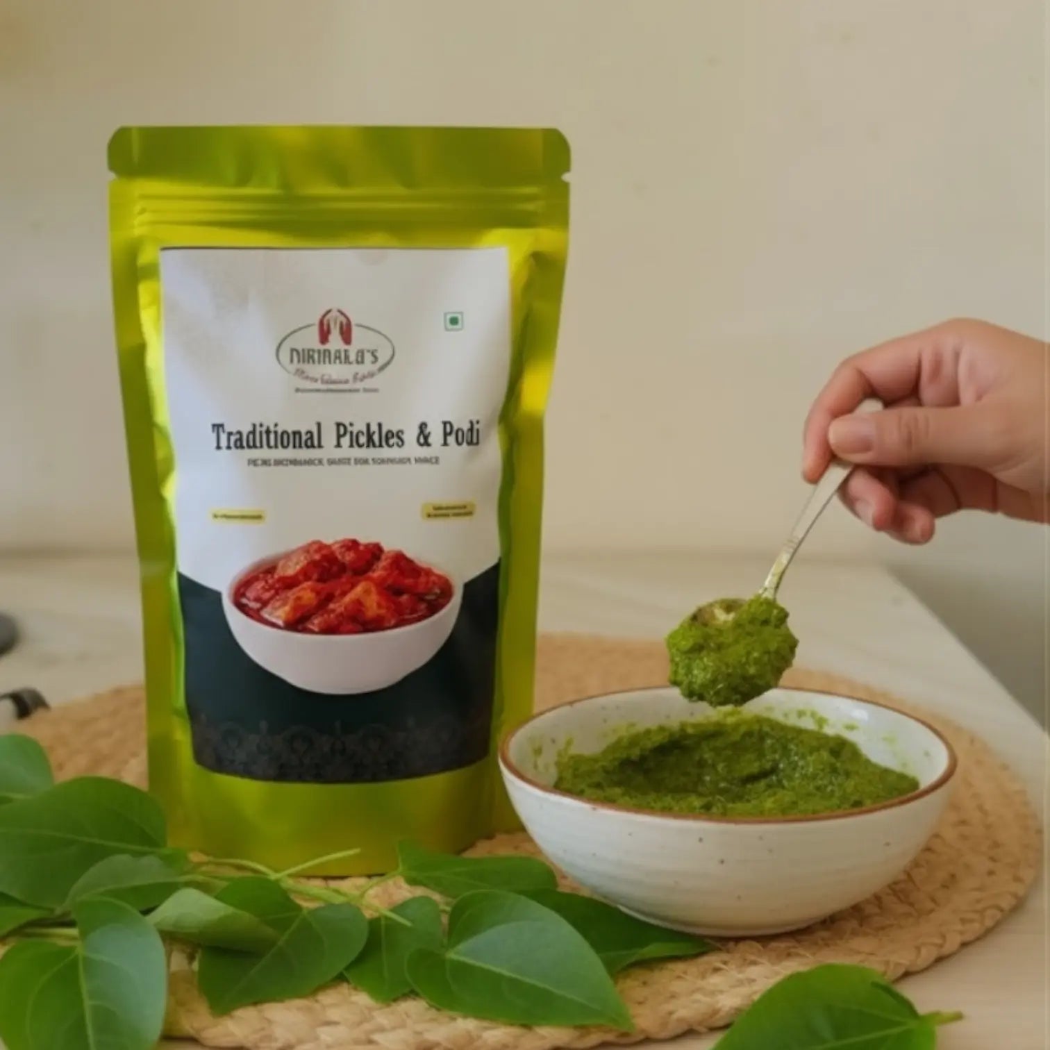 Green packet of traditional pickles and podi with a bowl of green gongura pickle and a hand holding a spoon.