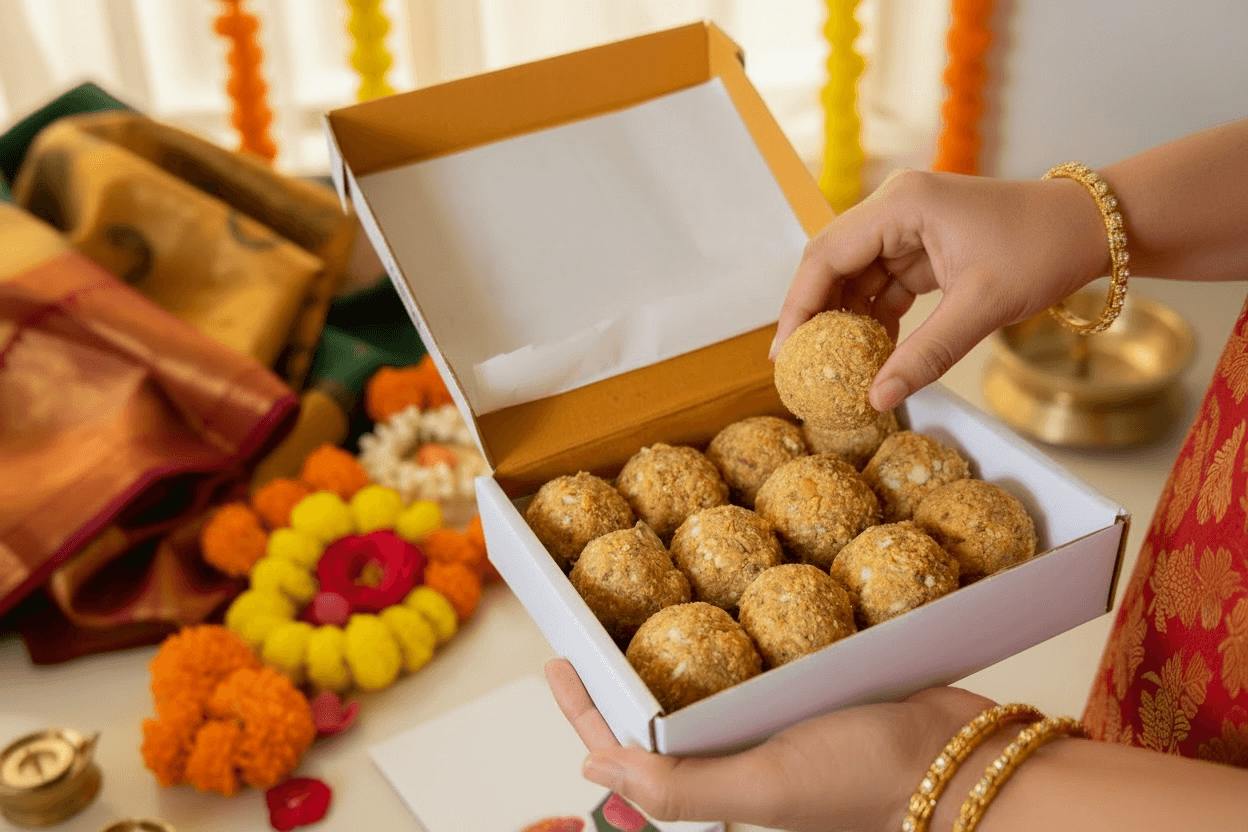Hand picking a coconut ladoo from a box with festive decorations in the background