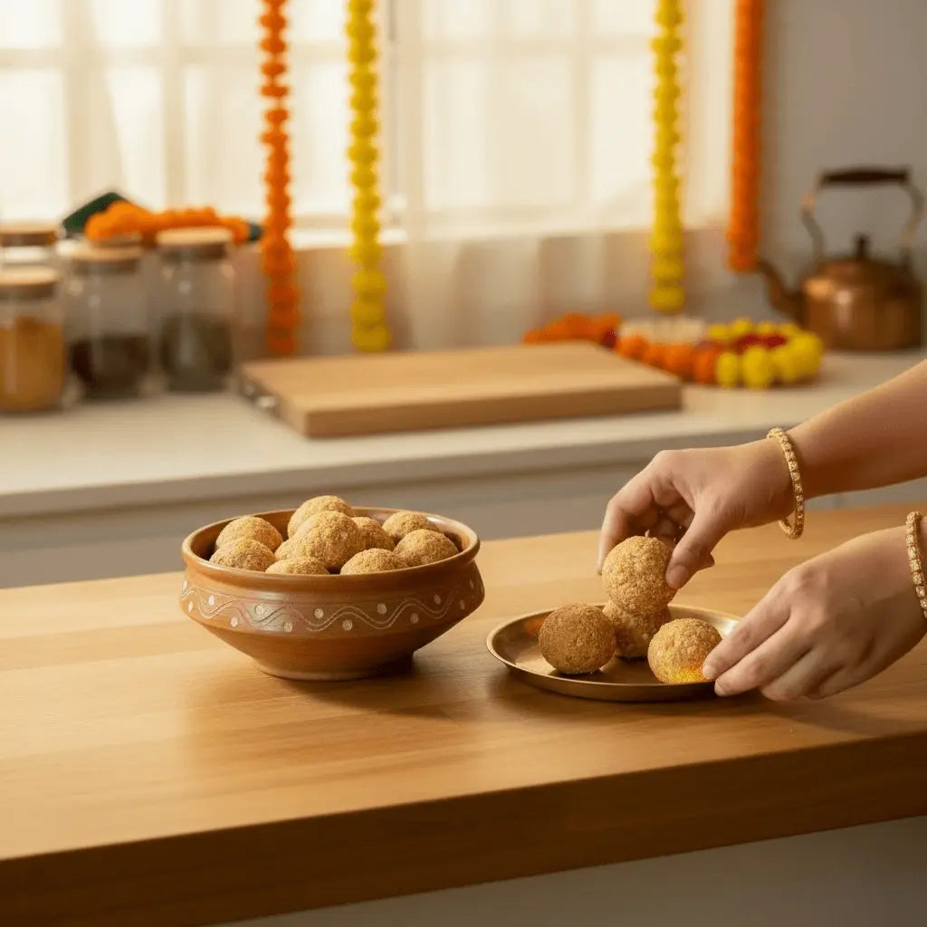 Person arranging laddus on a wooden table with a bowl and plate.