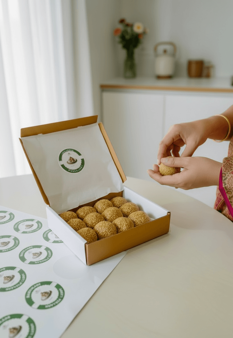 Person holding a laddu next to an open box of laddus on a table.