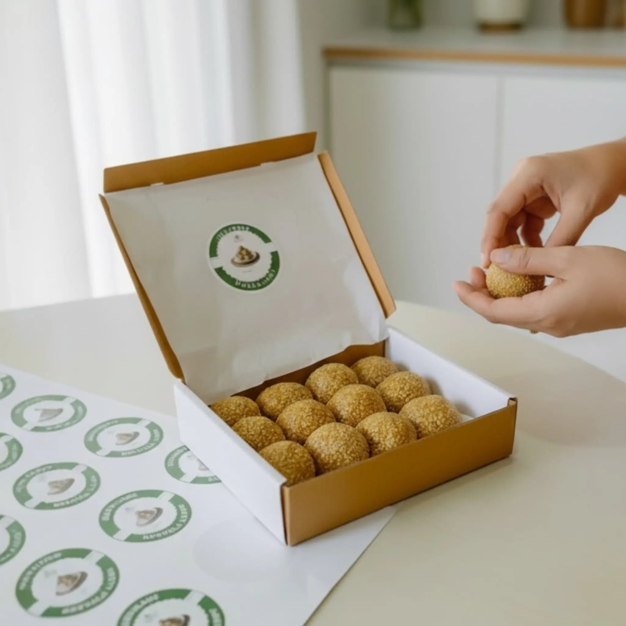 Open box of nuvvula laddu with a hand holding one, on a light surface.