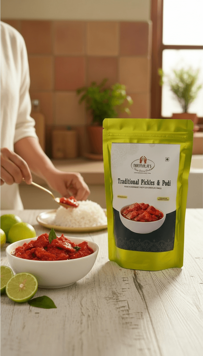 Green package of traditional pickles with a bowl of pickles on a table.