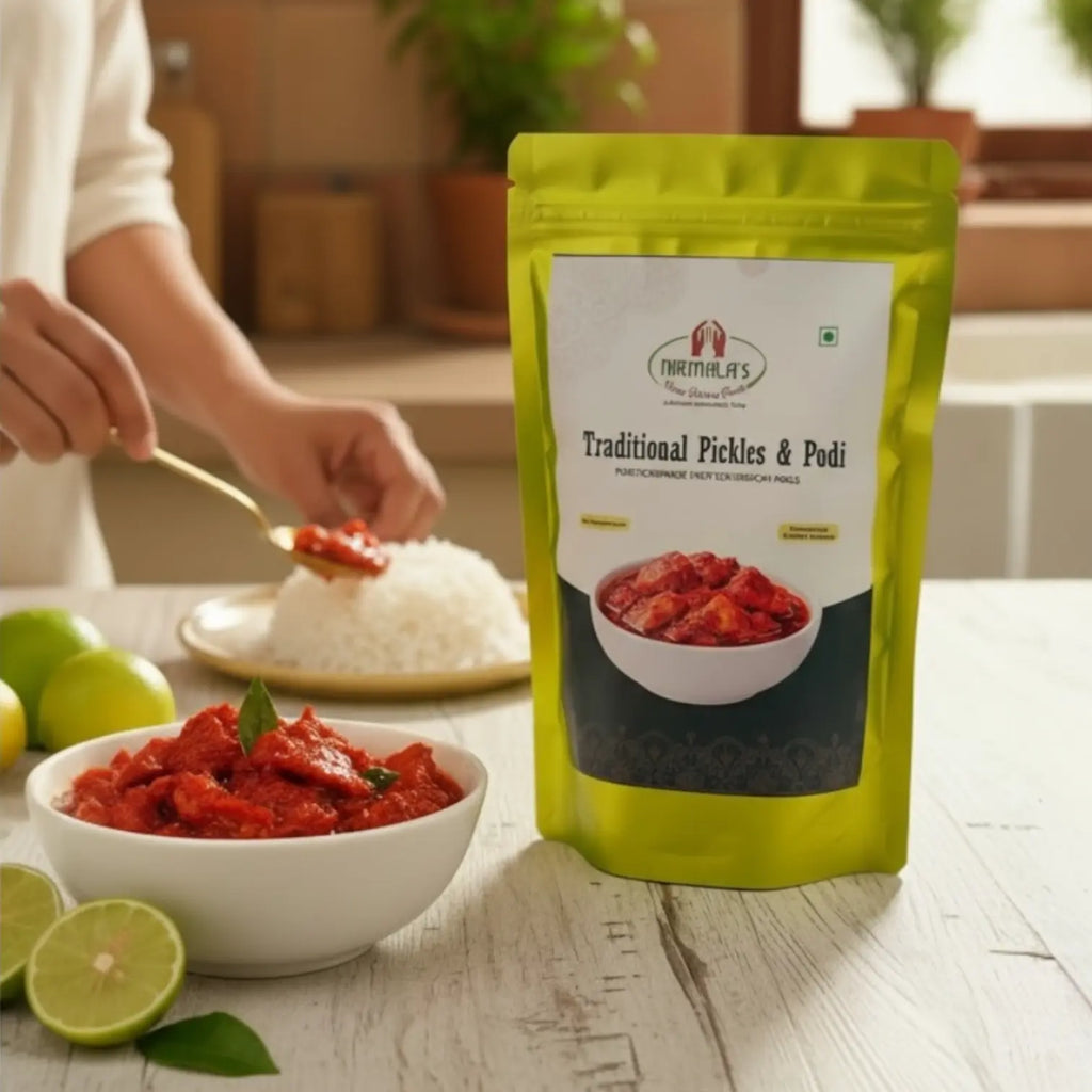 Green package of 'Traditional Pickles & Puri' with a bowl of lemon pickle and limes on a table.