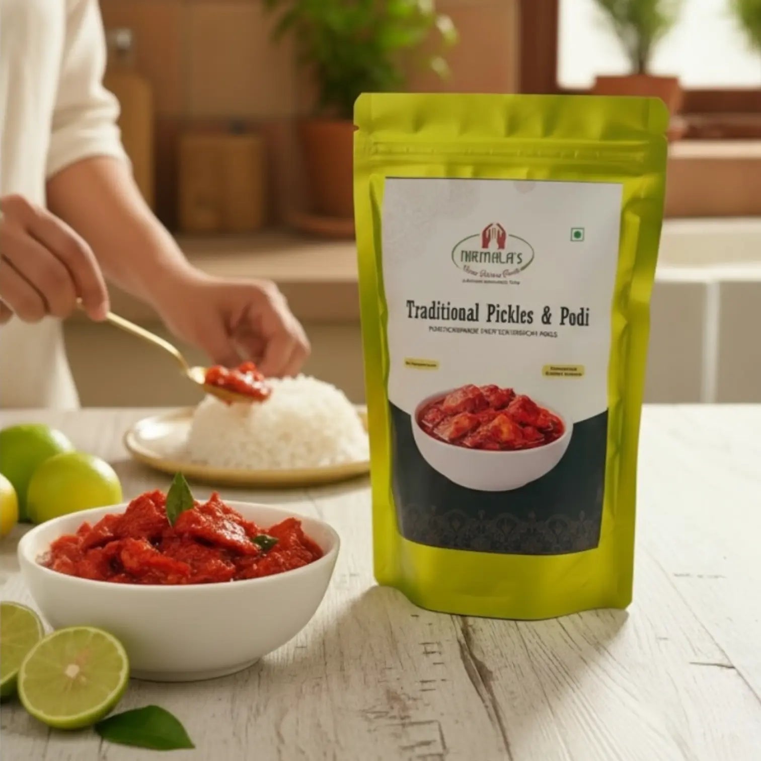 Green package of 'Traditional Pickles & Puri' with a bowl of lemon pickle and limes on a table.