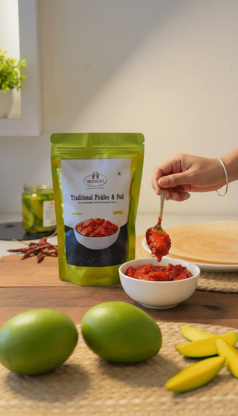 Mangoes, a package of 'Traditional Pickles & Podi', and a bowl with pickle on a wooden surface.
