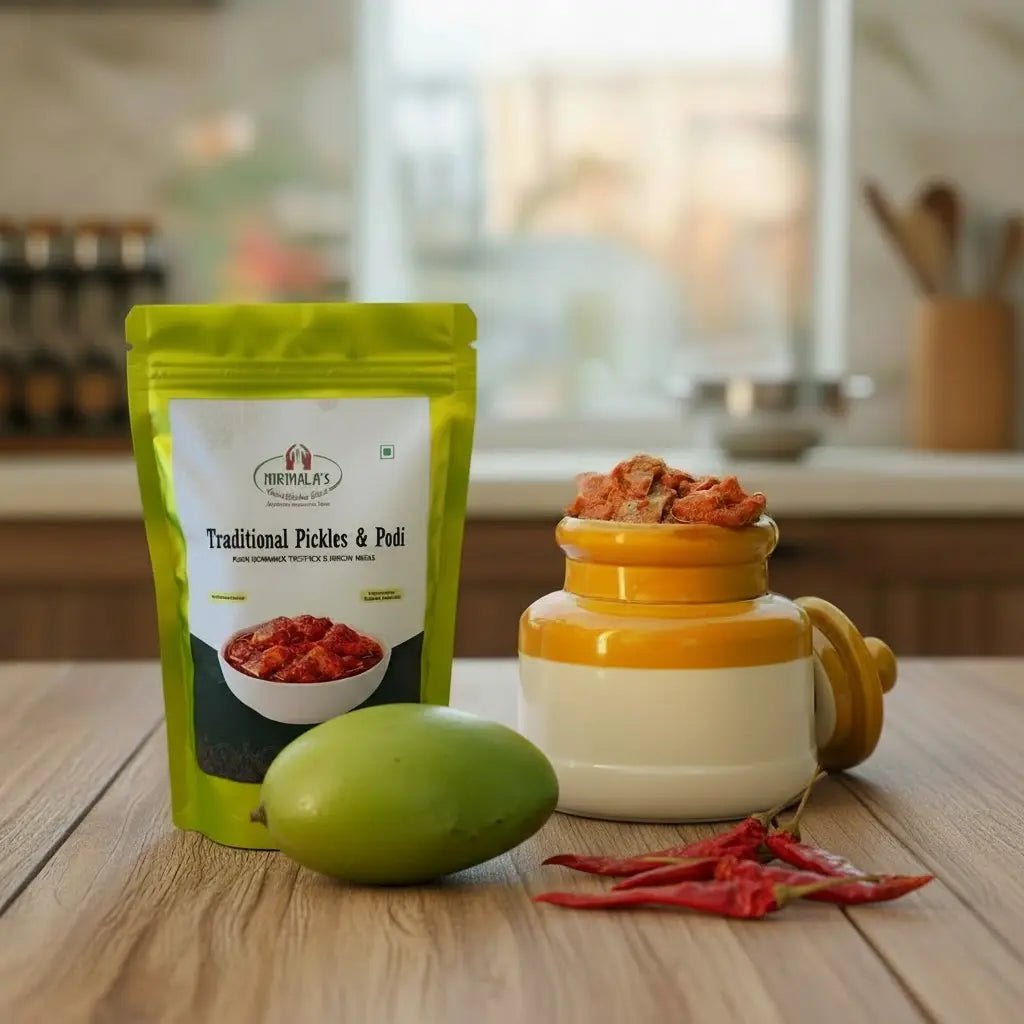 Packaged traditional pickle, a mango, and a container on a wooden surface with a kitchen background.