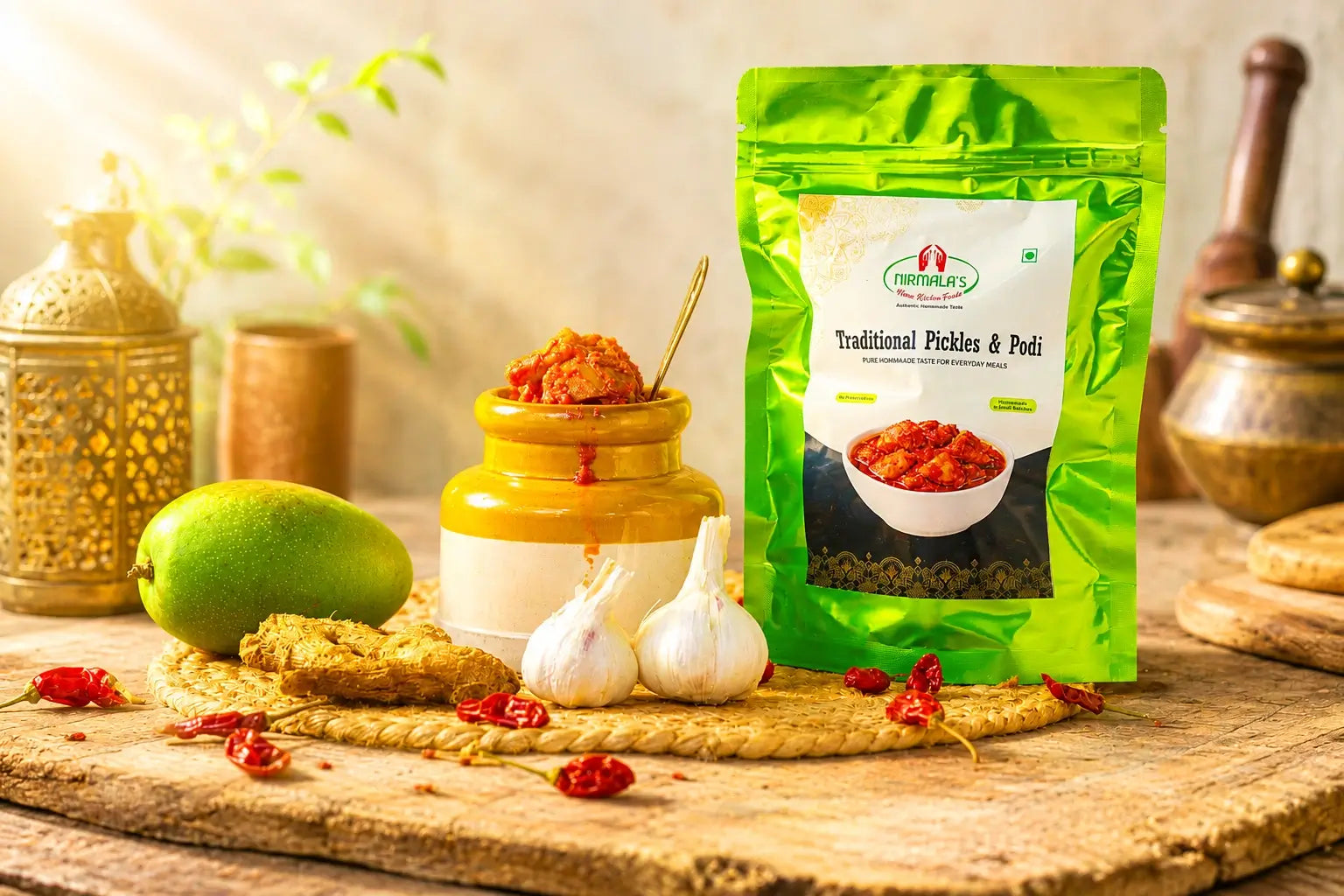 Green package of traditional pickles on a wooden table with spices and ingredients.