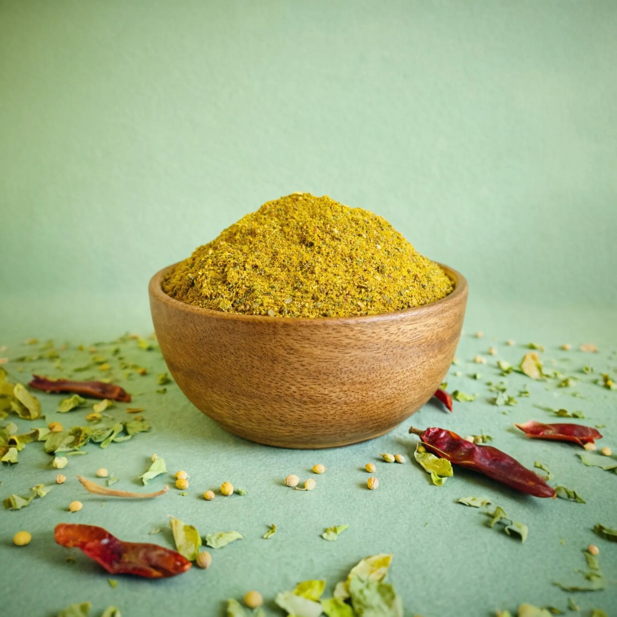 Wooden bowl filled with munagaku karam spice on a green background with dried peppers and herbs.