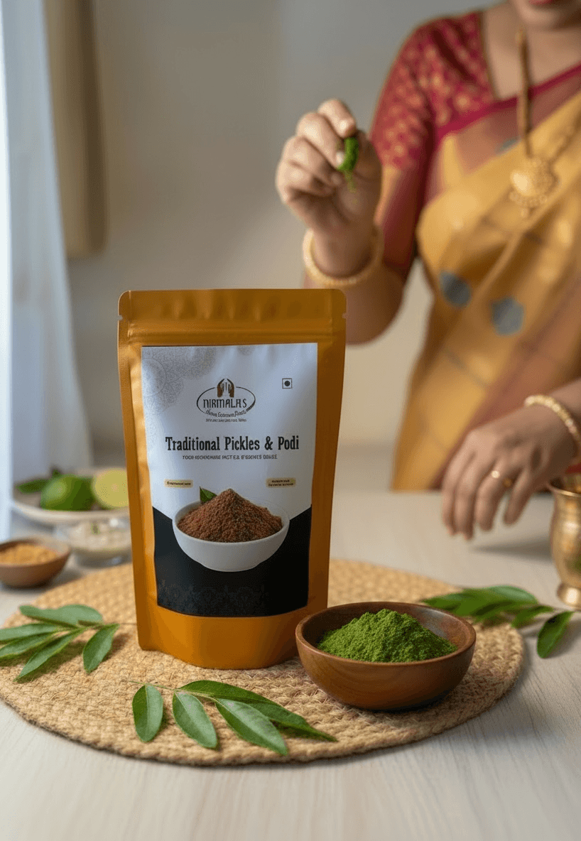 Packaging of munagaku podi with a person in the background