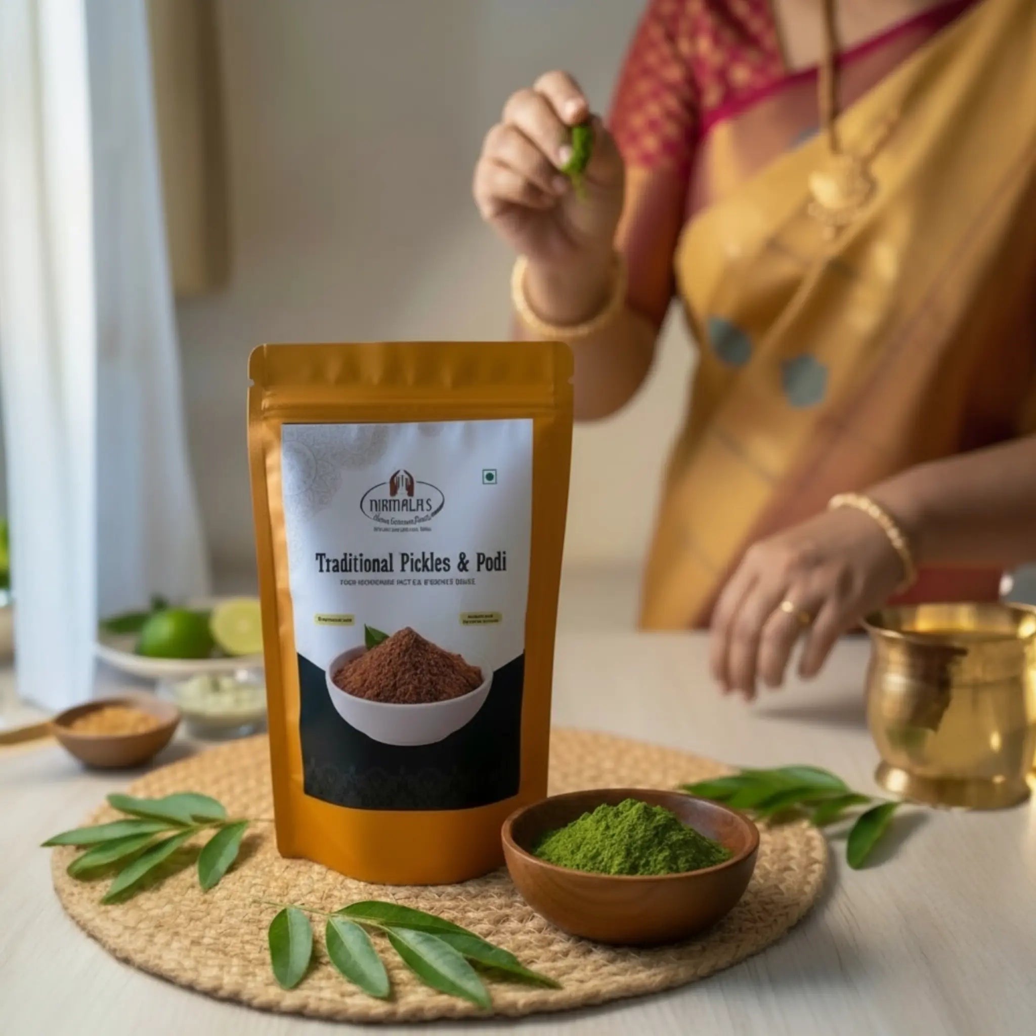 Packaged plain munagaku podi with a person in traditional attire in the background