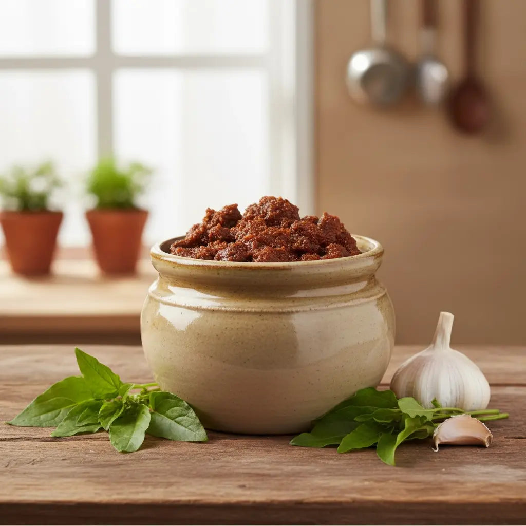 Jar of mutton pickle on a wooden table with basil and garlic, kitchen setting