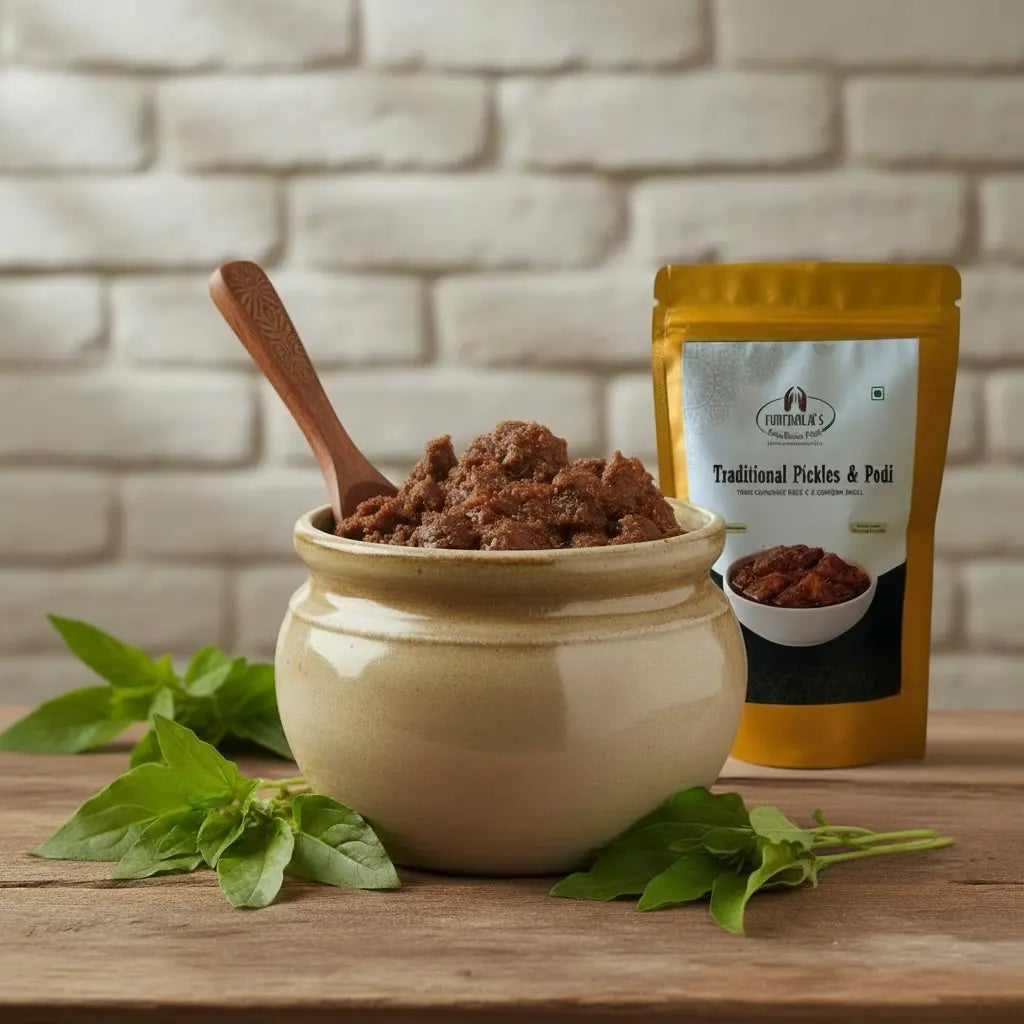 Jar of traditional mutton pickle with a wooden spoon and packaging on a wooden surface with a brick wall background.