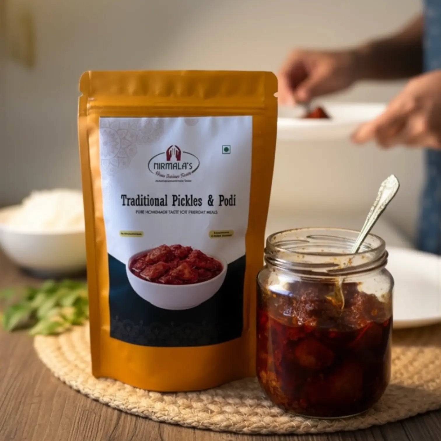 Nirmala's Traditional Pickles & Podi packaging with a jar of mutton pickle on a wooden surface.