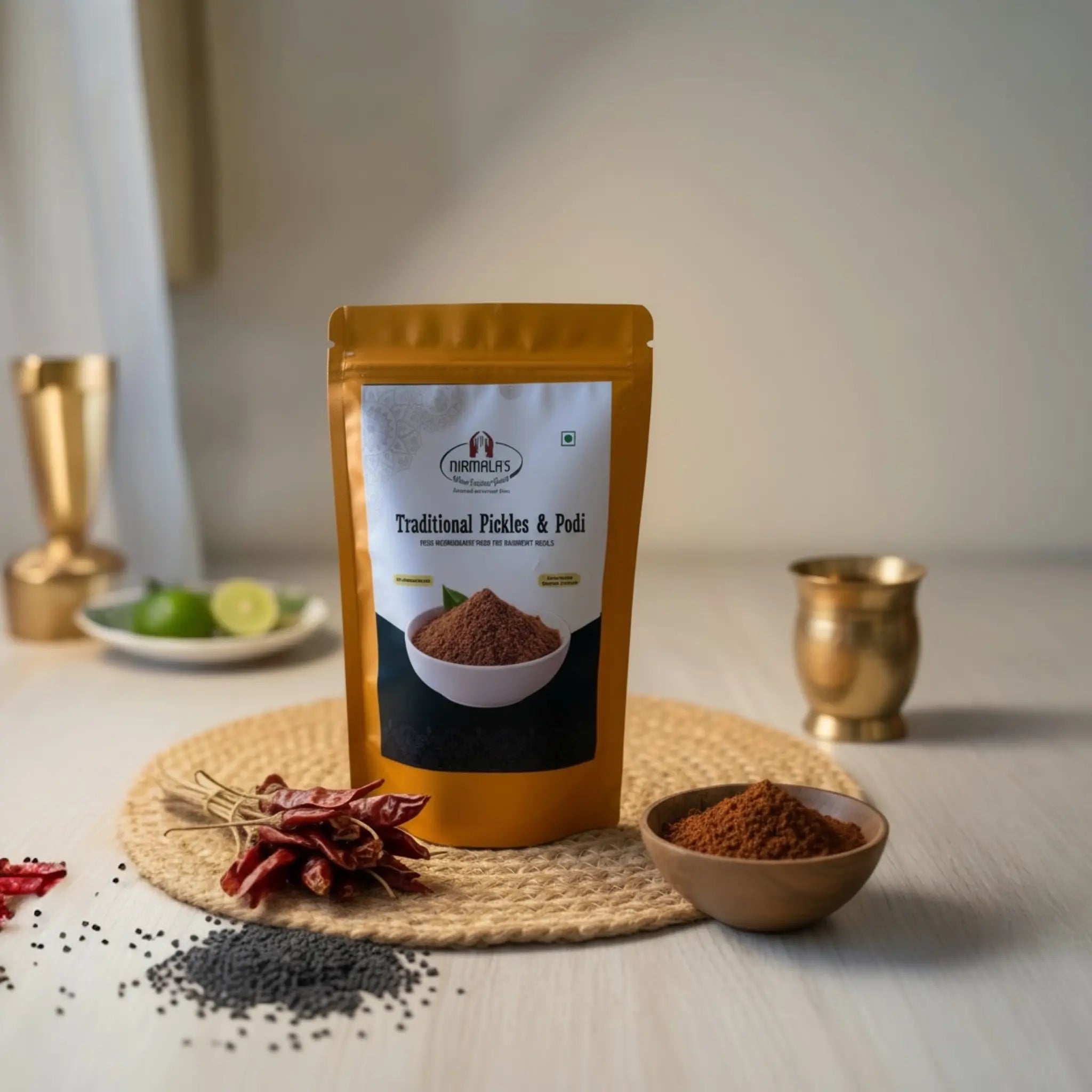 Packaging of nalla karam podi with a bowl of podi next to it