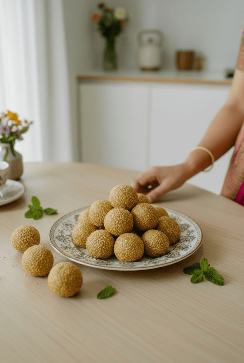 Person arranging round golden brown nuvvula laddus on a decorative plate in a kitchen setting.