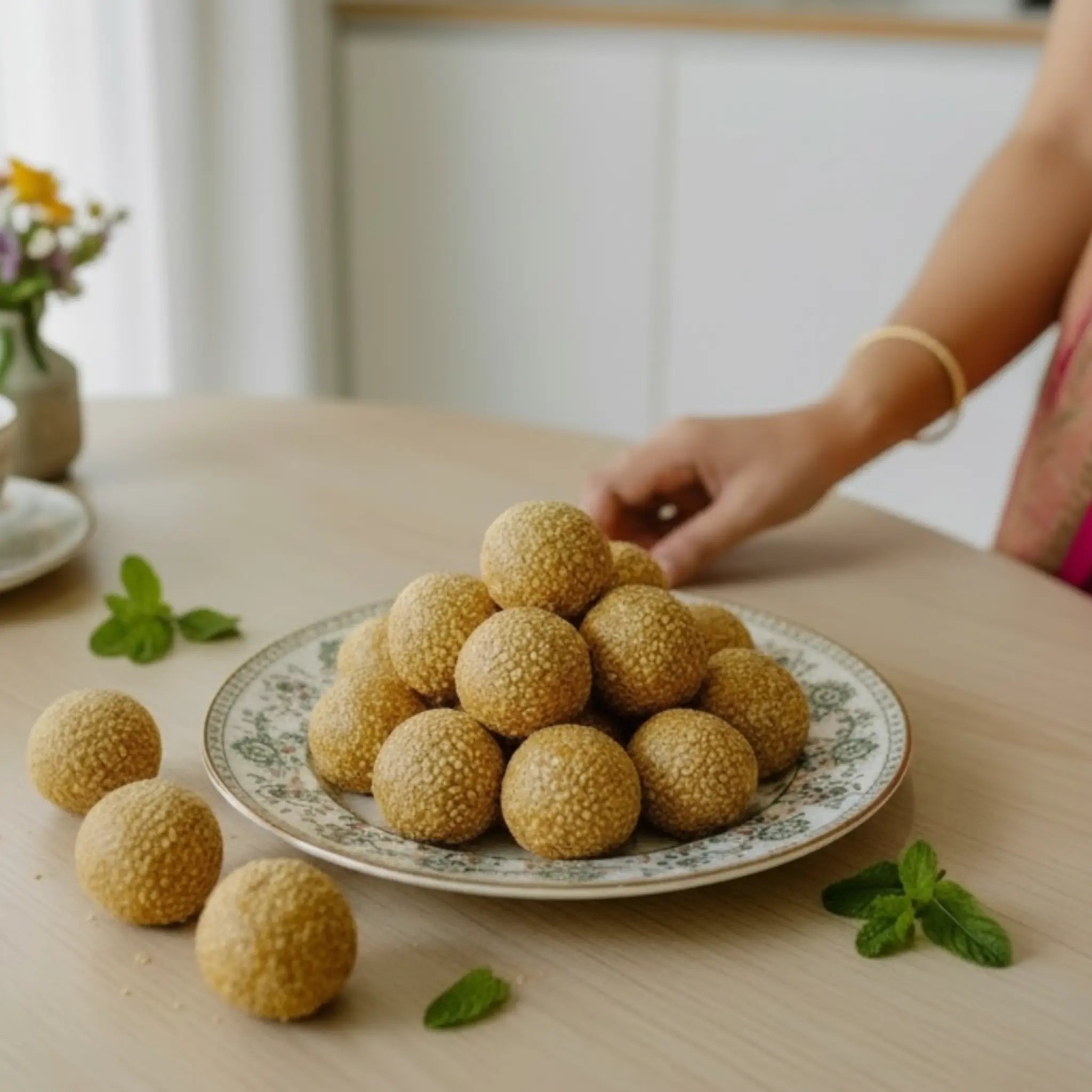 Plate of round, golden-brown nuvvula laddu on a wooden table with a blurred background