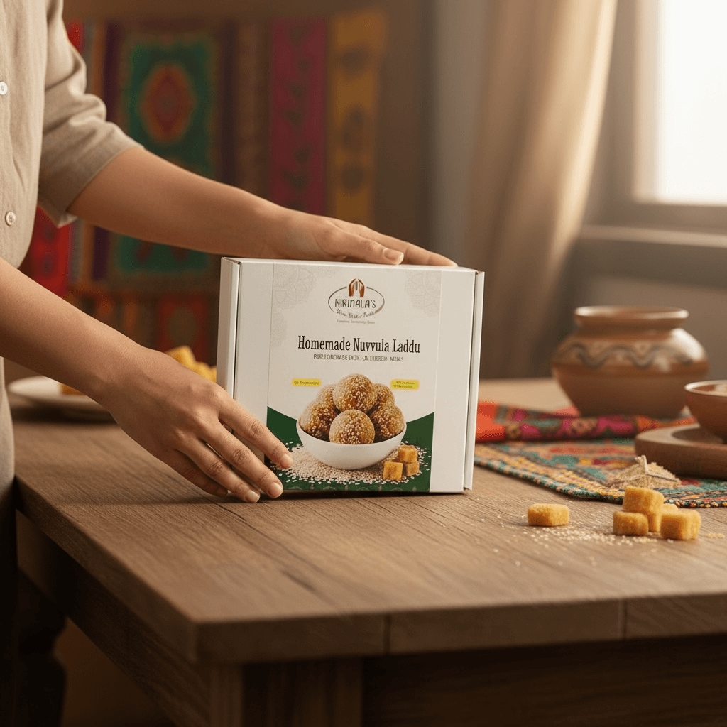 Person holding a box of Homemade Nuvvula Laddu on a wooden table with a colorful background.
