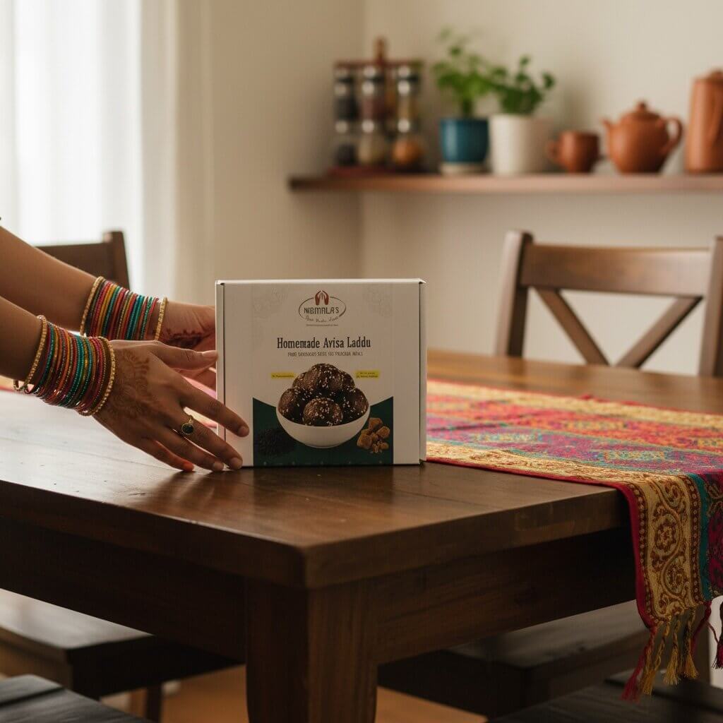 Showcasing the packaging of 'Nirmala's Home Kitchen' brand