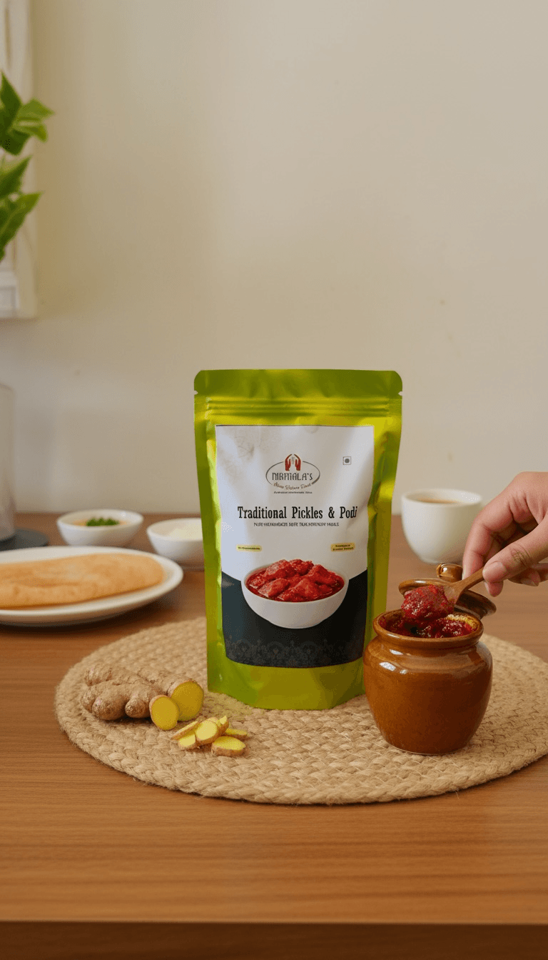 Green packaging of traditional ginger pickle on a wooden table with a hand holding a spoon.