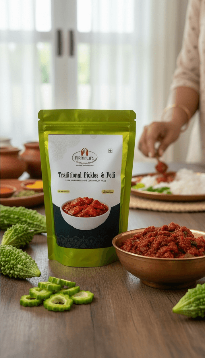 Green packaging of traditional pickles with a bowl of pickles on a wooden table.