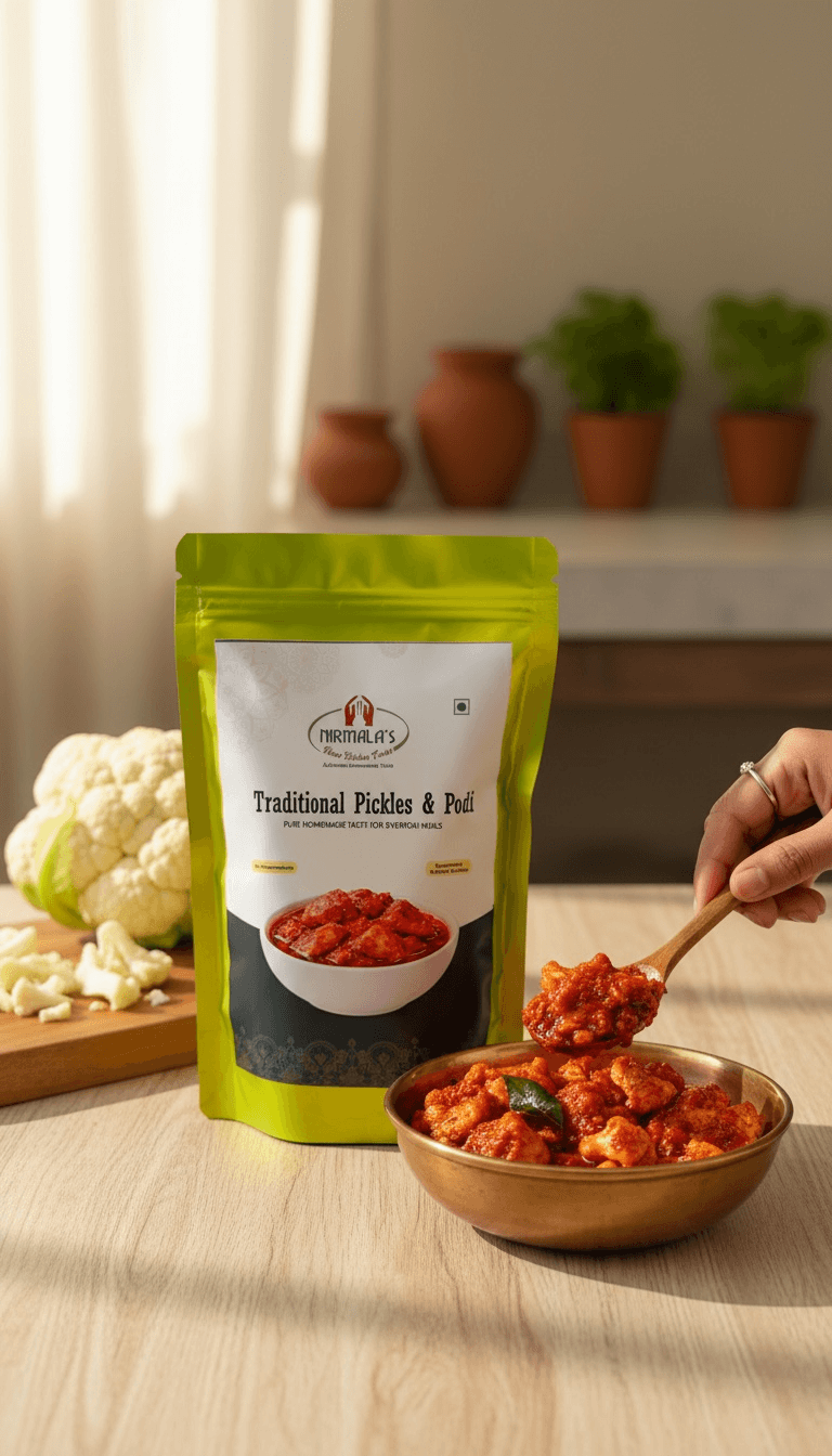 Hand scooping traditional pickle from a bowl with a package of Nirmala's Home Kitchen in the foreground. 