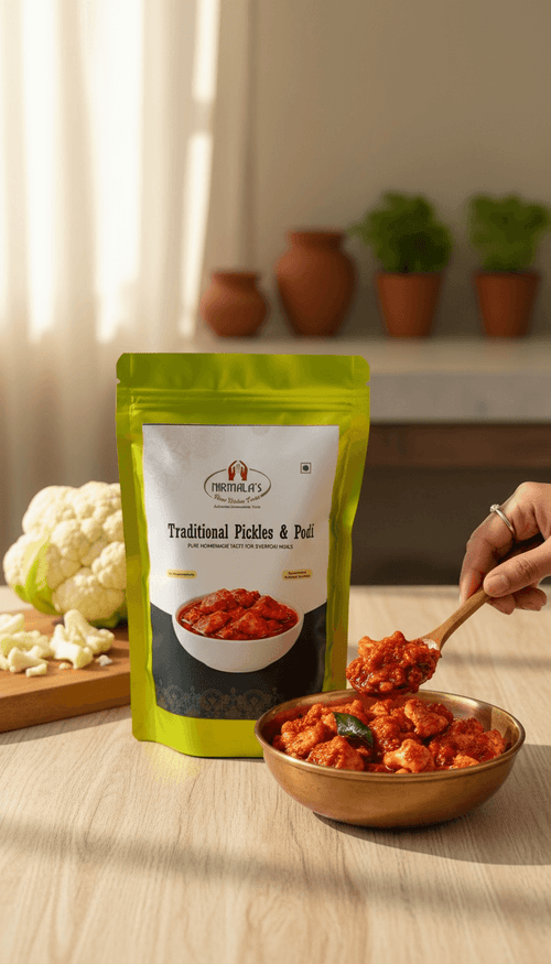 Hand scooping traditional pickle from a bowl with a package of Nirmala's Home Kitchen in the foreground. 