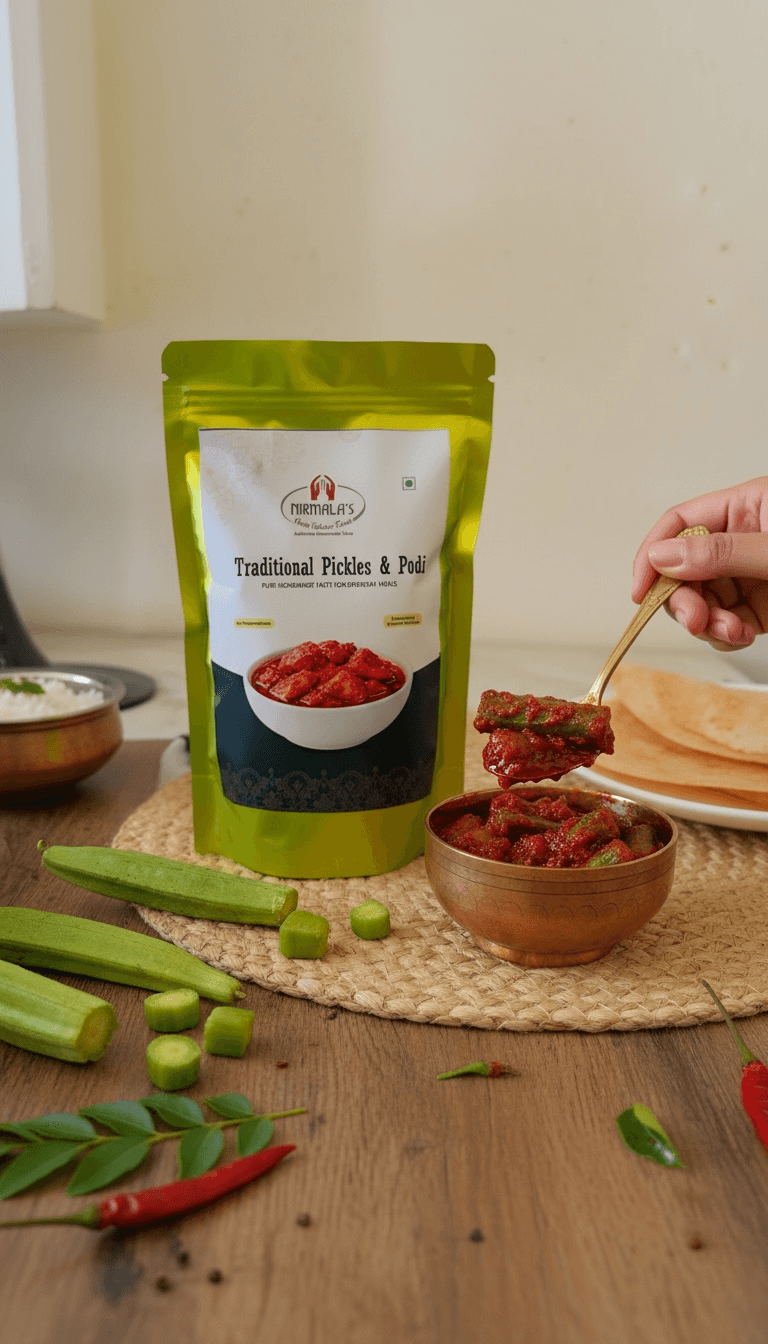 Green packaging of traditional pickles with a bowl of pickles and ingredients on a wooden surface.