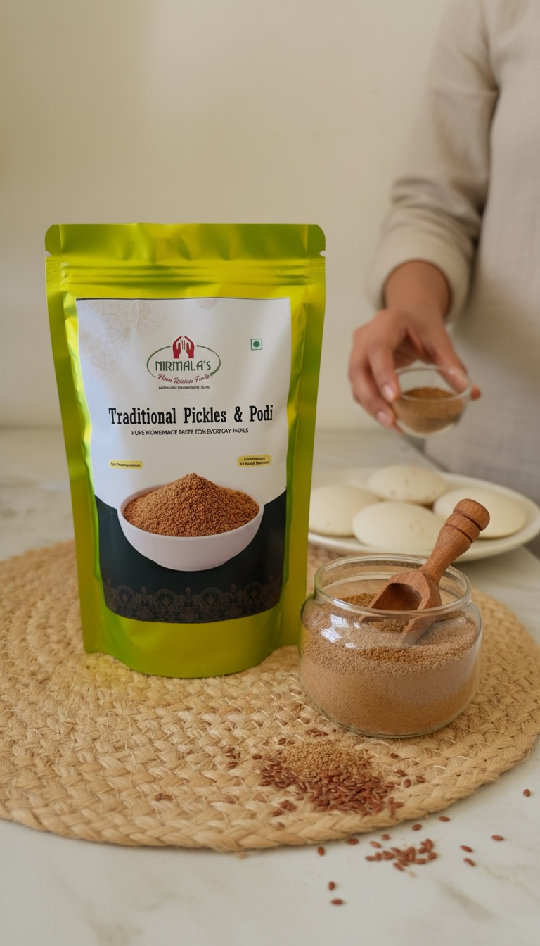 Green packaging of flax seeds powder with a small jar on a woven mat.