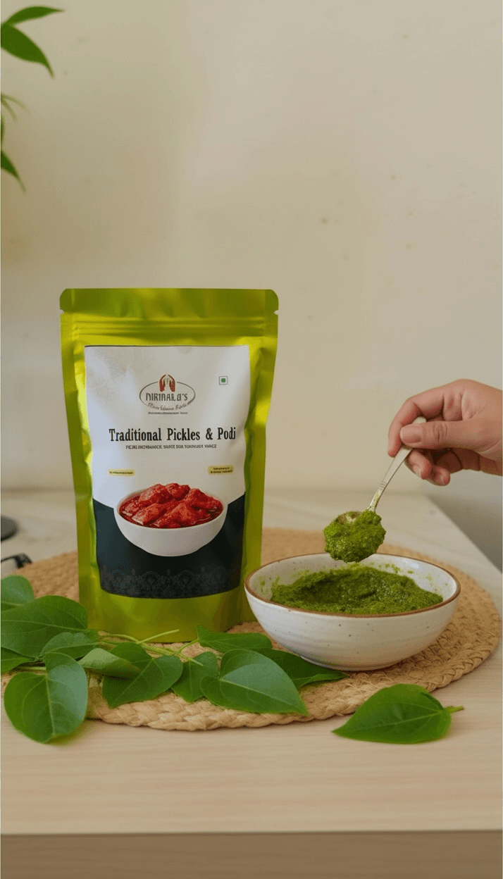 Green packaging of traditional pickles of Nirmala's Home Kitchen with a bowl of gongura pickle and a spoon on a wooden surface.