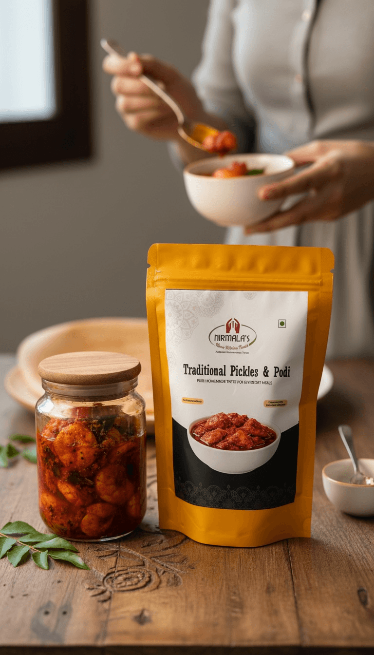 Packaged prawns pickle with a jar on a wooden table, person eating in the background.